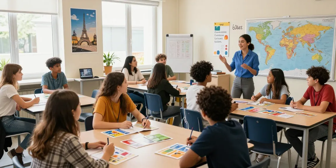 Cours de français en France - Étudiants engagés dans un cours de français interactif dans un environnement scolaire de langue dynamique.
