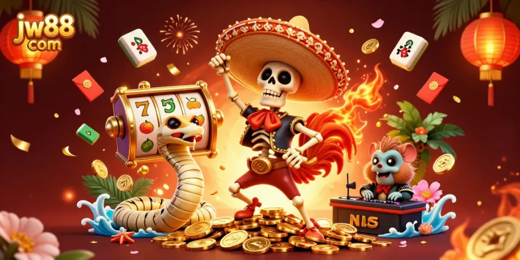 Join the excitement with jw88 com's vibrant online gaming scene featuring colorful characters and dynamic elements.