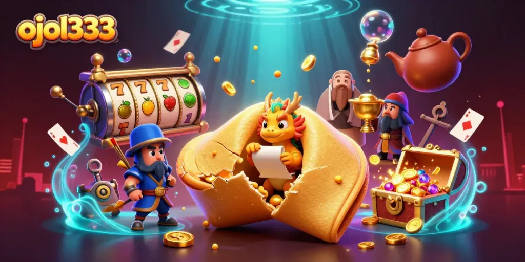 Engage with ojol333 at a vibrant casino featuring a golden fortune cookie and colorful slot elements.
