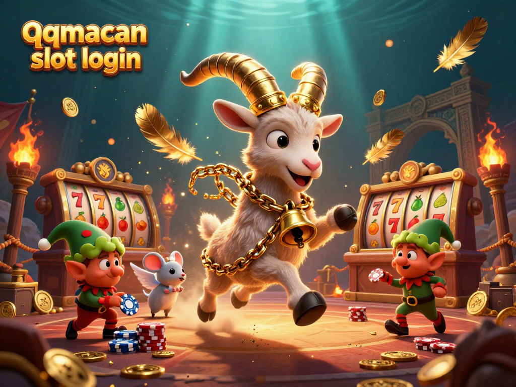Engage in qqmacan slot login with festive characters in a vibrant casino scene.