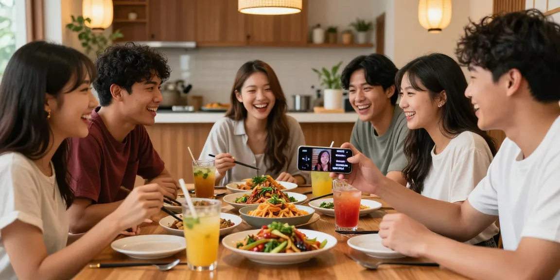 Friends enjoying Asian cuisine while engaging with content from https://hanadultalk.com, celebrating cultural diversity and culinary delights.
