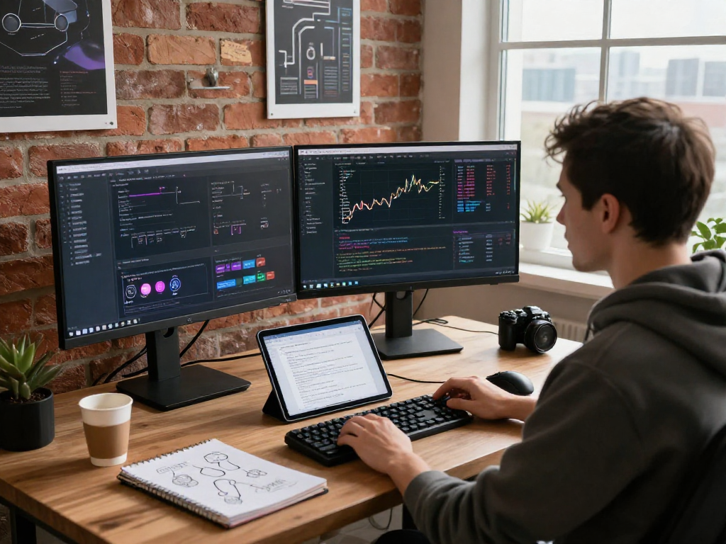 Developer coding with platinum live price API on dual monitors in a modern office.