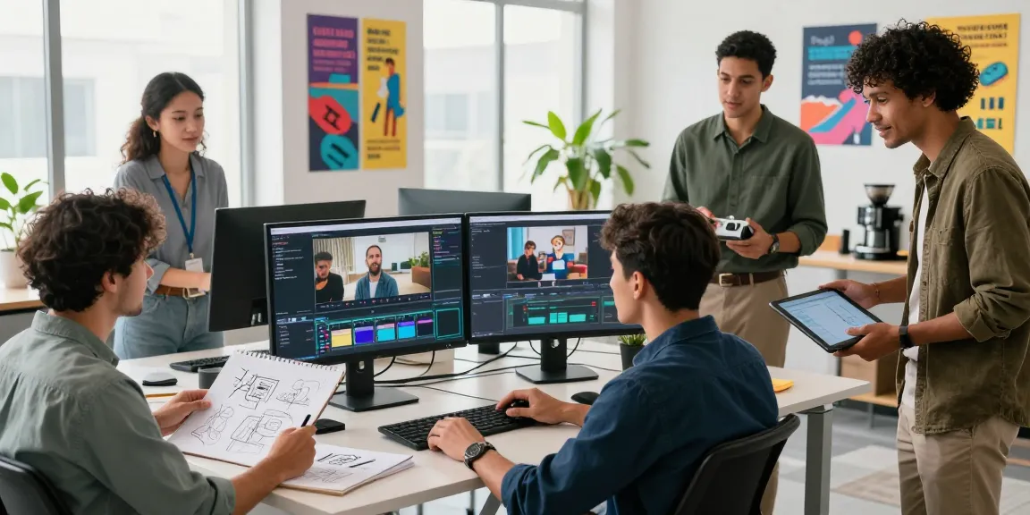 Team collaborating in a modern workspace using a video to prompt tool, showcasing AI video analysis technology.