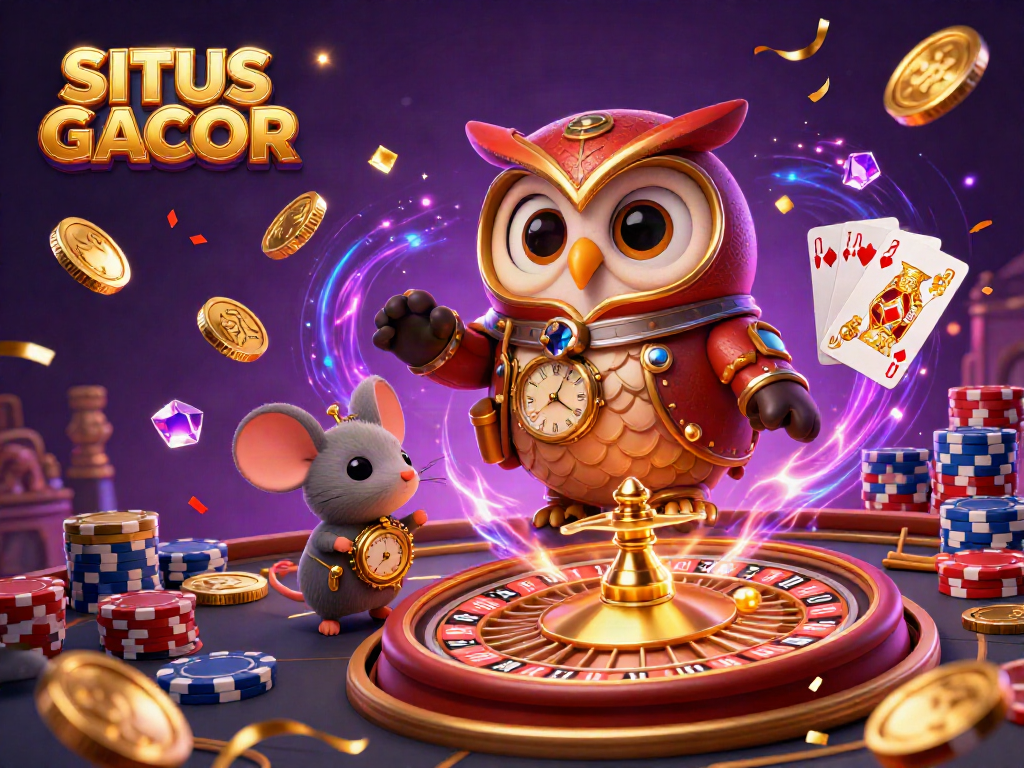 SITUS GACOR engaging players with vibrant casino experiences, showcasing playing cards, coins, and roulette elements dynamically.