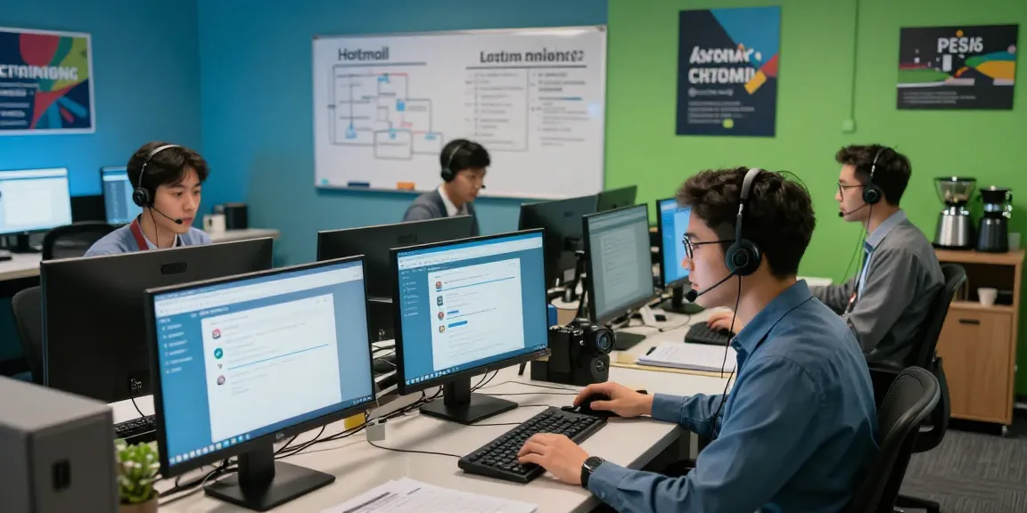 Telus-Technical-Support team assisting customers with Hotmail account issues in a vibrant call center setting.