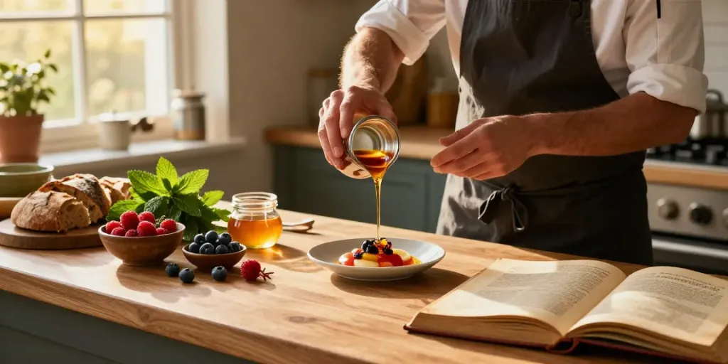 Chef incorporating Maplelixir into a gourmet dish with fresh ingredients in a warm, inviting kitchen.