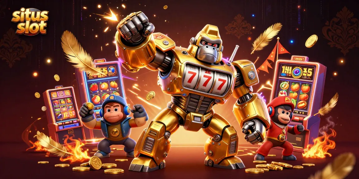 Permainan situs slot menampilkan karakter gorila emas transformer dalam mesin slot dengan simbol triple sevens.