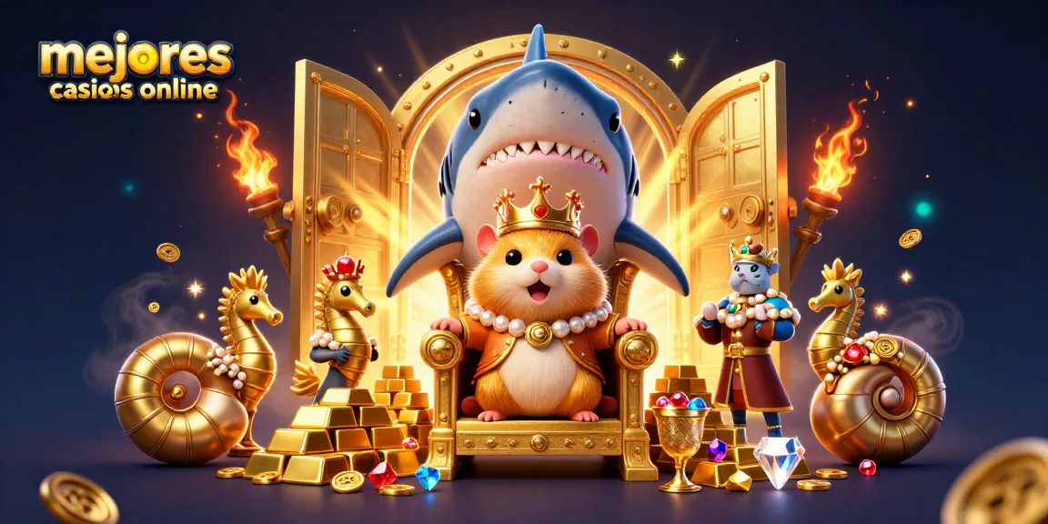 Explora los mejores casinos online con este atractivo arte 3D que muestra un rey hámster dorado en un trono especial.