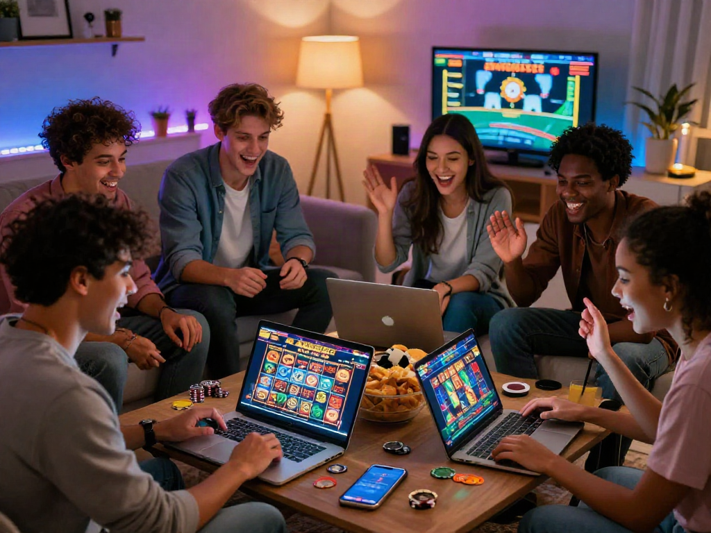 Friends enjoying engaging casino online games in a cozy living room setting.