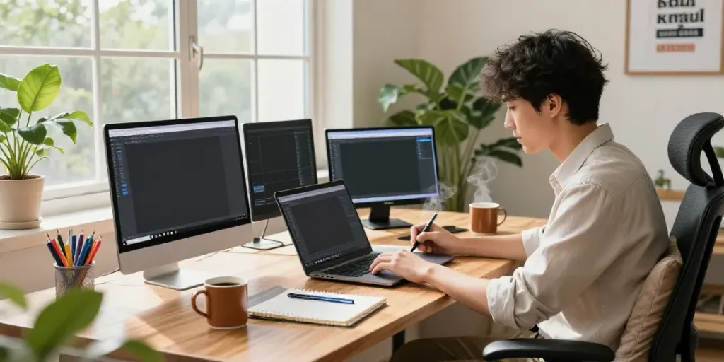 Engaging workspace scene illustrating how to write text with AI effectively.