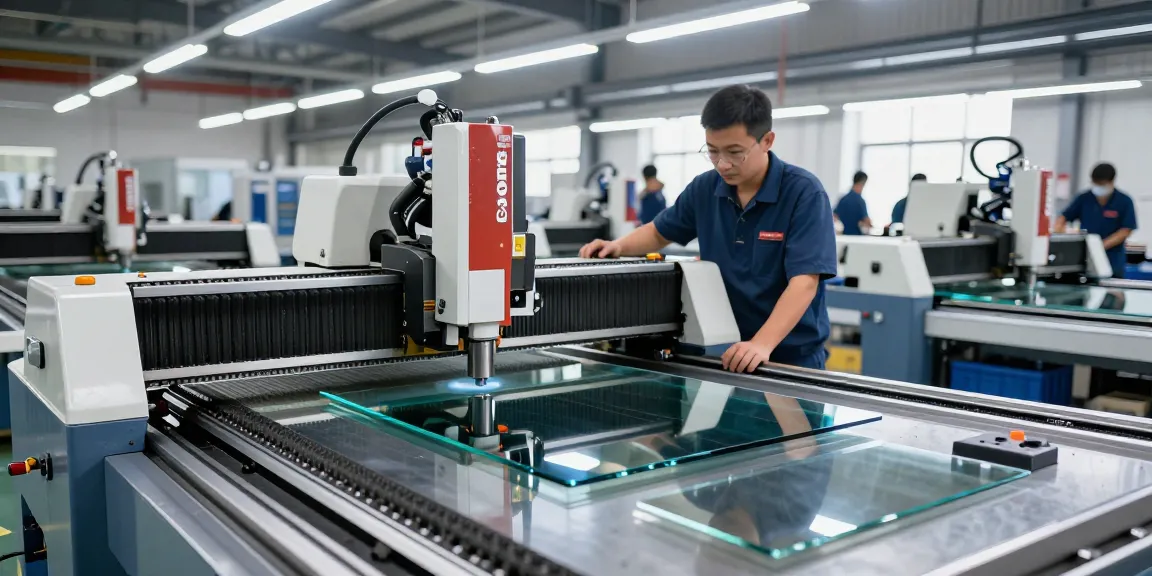 CNC glass cutting machine in use, showcasing precision glass processing in an industrial workshop.
