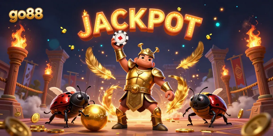 Engage with go88's exciting poker gameplay showcased by a victorious beetle illustration.