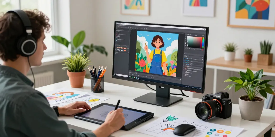 Artist creating with nano banana 2 in a vibrant workspace filled with modern design tools.