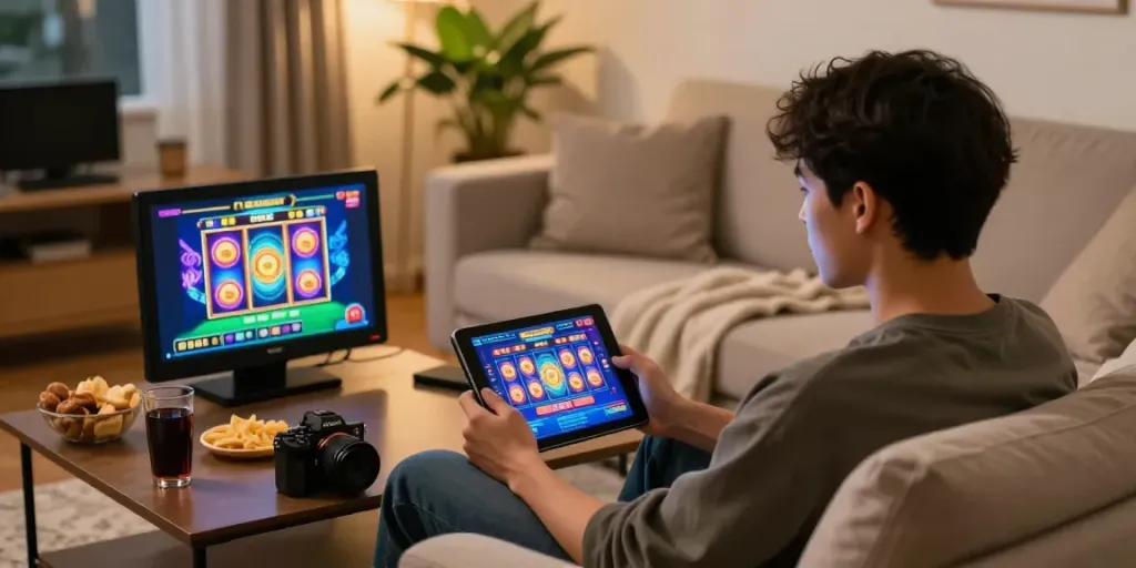 A young adult enjoying a slot game on a tablet in a cozy living room setting.