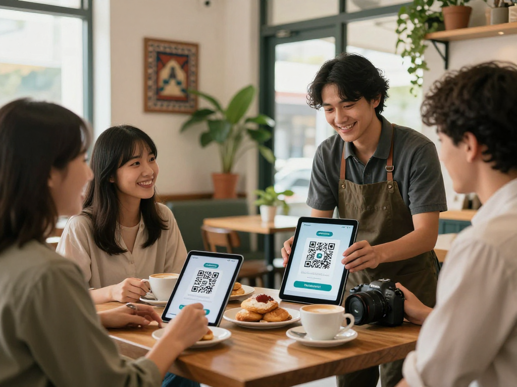 Customers engaging in a loyalty program at a café using QR codes to earn rewards as the owner explains the app features.
