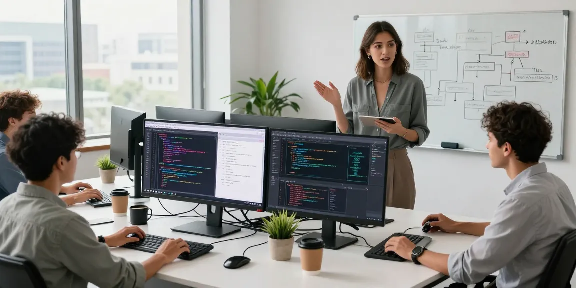 Developers collaborating in a vibrant workspace at telegraimin.com, showcasing coding and software design efforts.