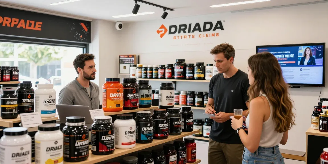 Driada Shop fitness supplement retail scene with customers exploring anabolic steroids and peptides.