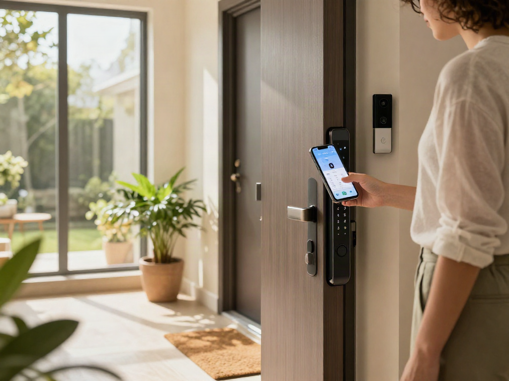Using a قفل هوشمند at a modern home entrance, showcasing security innovation with a digital lock and smartphone access.