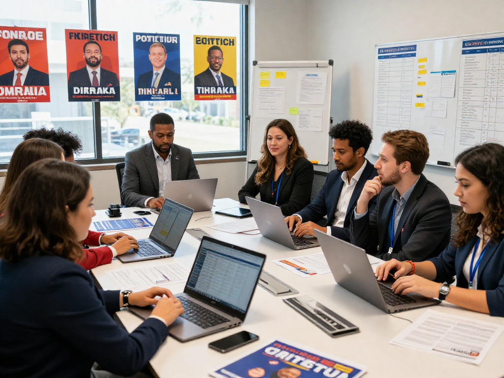 Engaged team strategizing political reputation management with data insights, campaign materials, and voter demographics in a vibrant office.