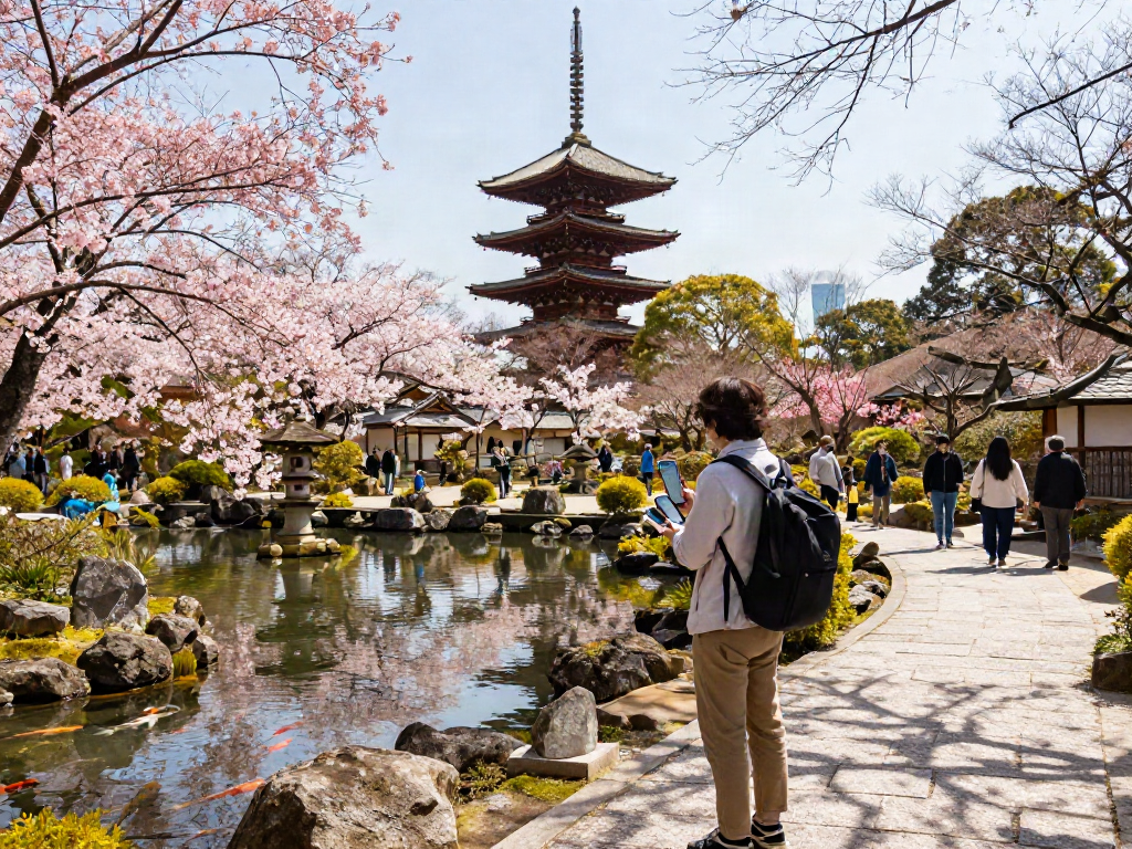 Explore slot jepang in a beautiful Japanese garden with cherry blossoms and pagoda