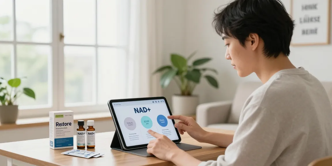 NAD+ benefits infographic with wellness products in a modern setting.