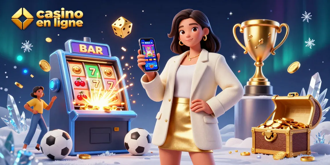 Scène engageante de casino en ligne montrant une femme photoréaliste jouant sur son smartphone au milieu d'éléments de jeu vibrants.