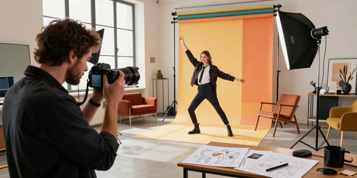 Photographe publicitaire à Milan en action dans un studio créatif, mettant en scène un modèle stylé avec un éclairage professionnel.