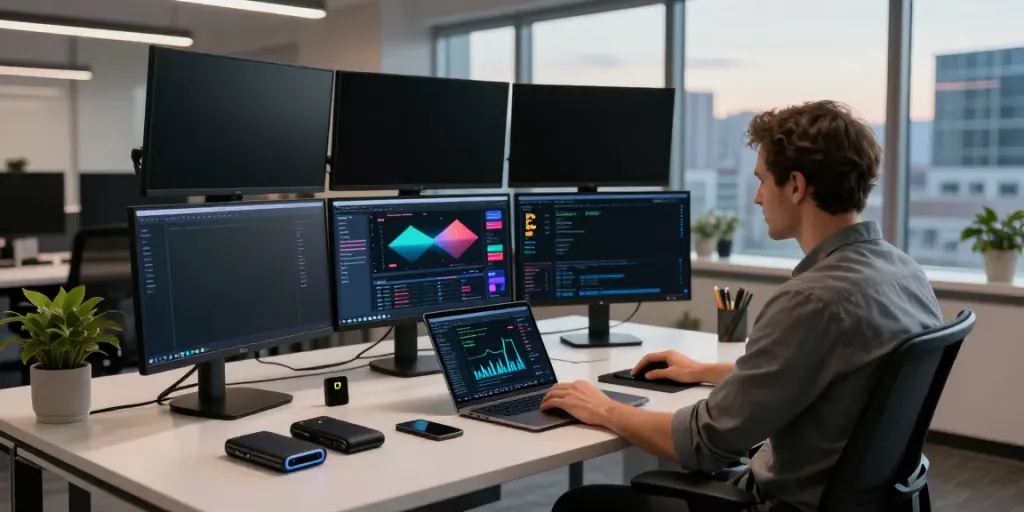 yfinance alternative trading interface with cryptocurrency charts, digital wallets, and DeFi analytics displayed on multiple screens