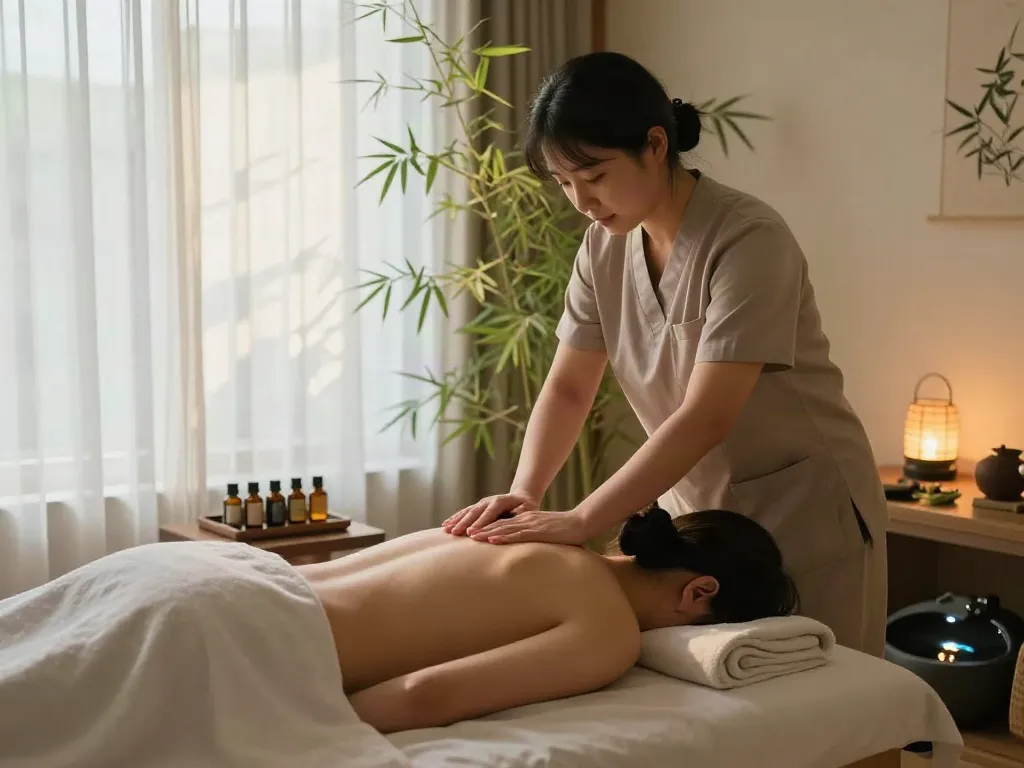 의정부출장안마 massage treatment scene with therapist and soothing ambiance