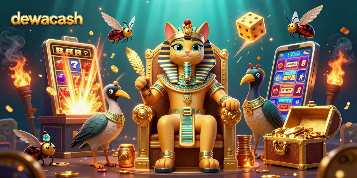 Dewacash celebrates with a pharaoh cat king and jackpot display in vibrant casino scene