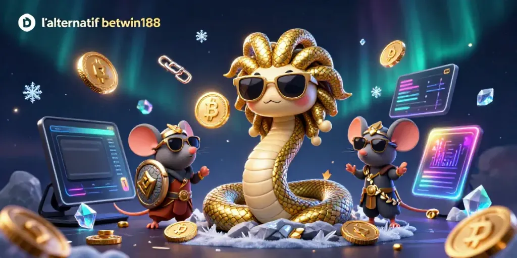 Mengakses tautan alternatif betwin188 dengan ilustrasi Medusa yang ramah dalam suasana kasino digital.