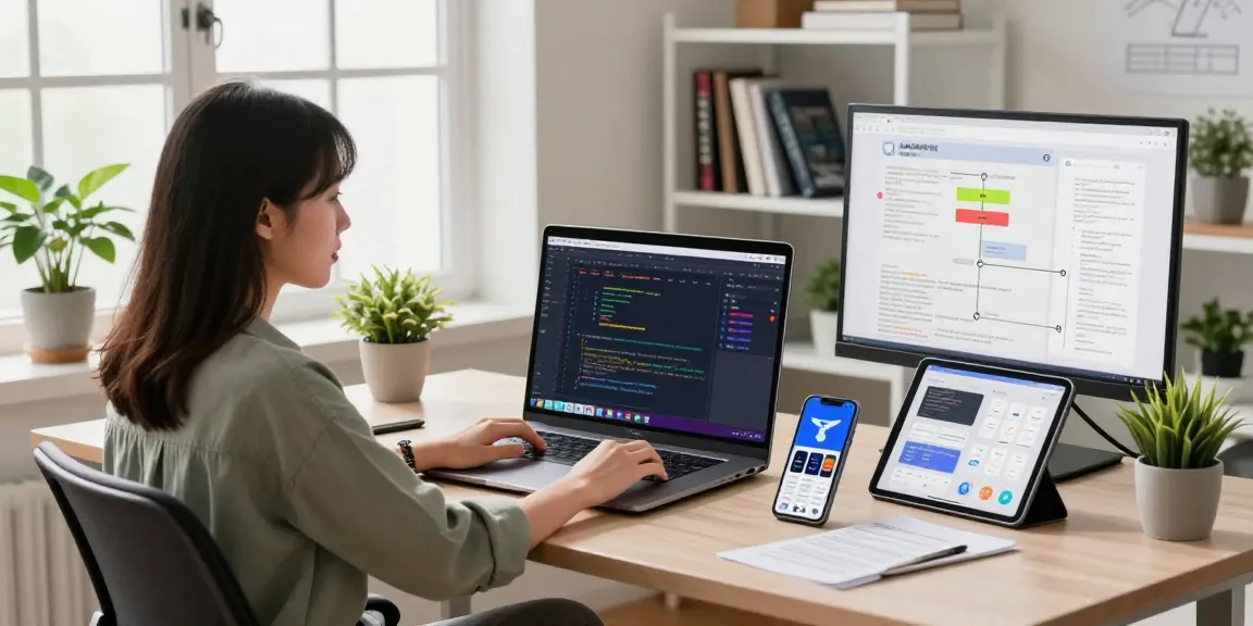 Workspace with developer using 纸飞机中文版 app, showcasing coding software and design plans.