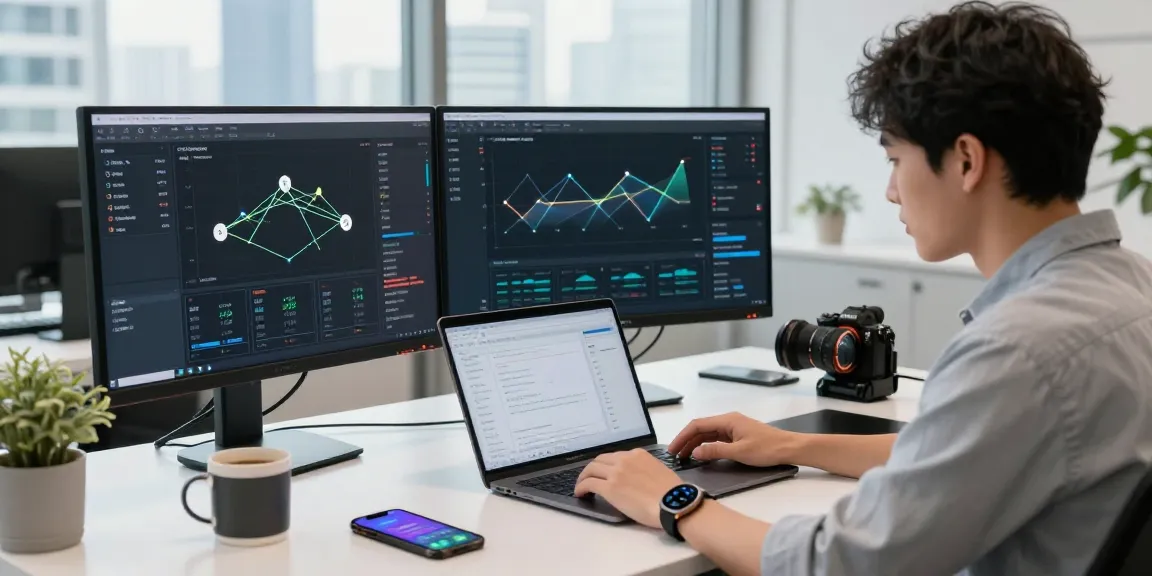 快连 service performance analysis in a modern tech workspace with dual monitors and urban skyline.