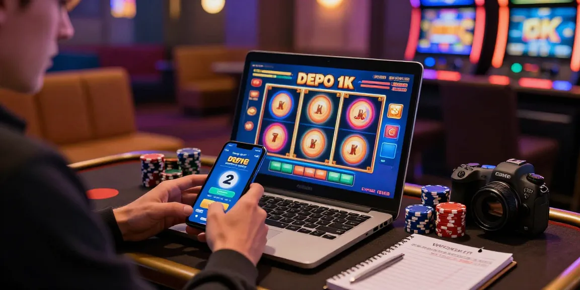 Exciting online gaming atmosphere featuring slot depo 1k interface, player engaging with colorful slot machines and stacks of chips.