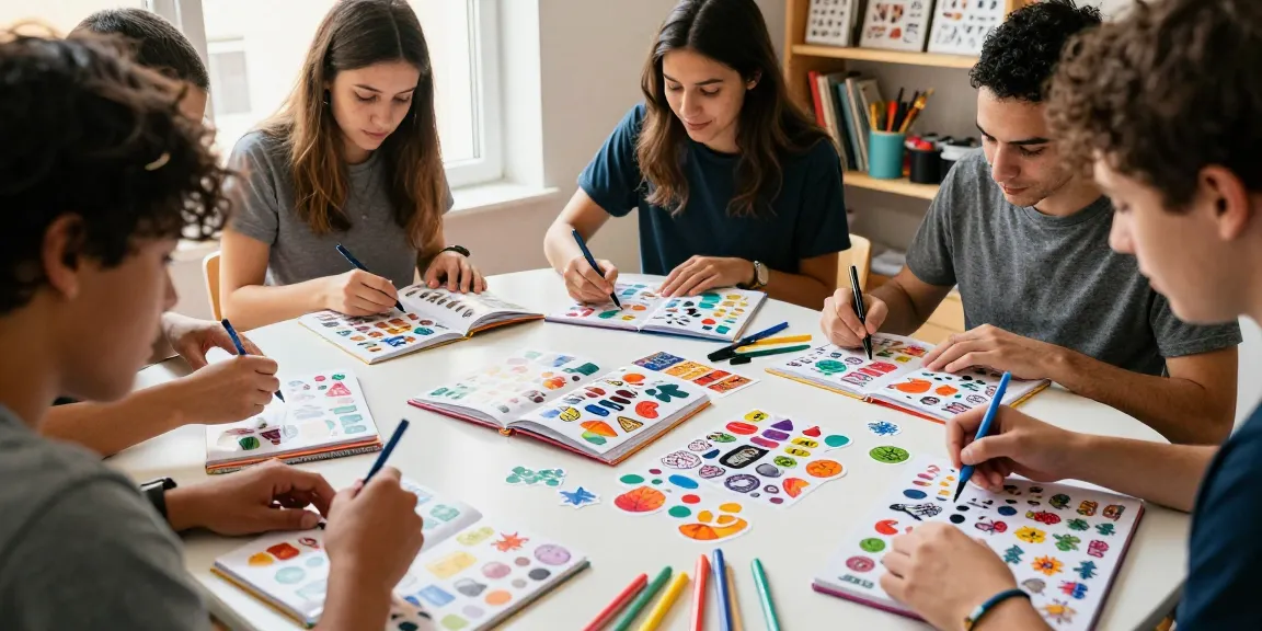Friends customizing their reusable sticker book with colorful stickers and art supplies in a cozy workspace.