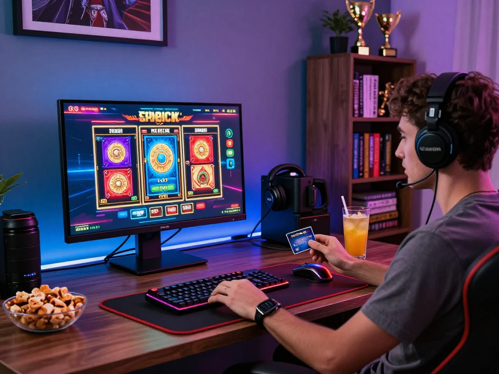 Engaging player enjoying credit card casinos at a stylish home gaming setup with snacks and drinks.