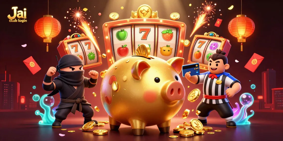 Engage in thrilling gameplay with Jai club login while a golden piggy bank sumo wrestler celebrates a jackpot!