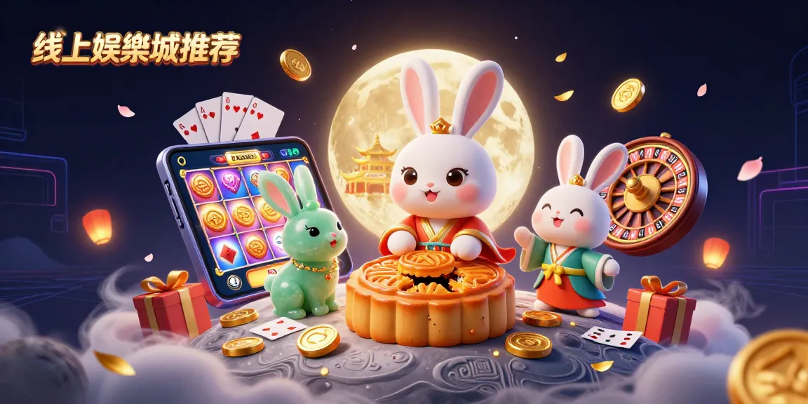 線上娛樂城推薦中的3D兔子在月球上製作金色月餅,裡面藏著撲克籌碼,周圍散落著豐富的遊戲元素。
