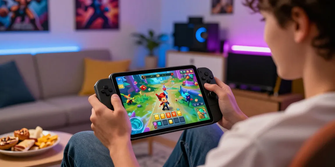 Pengguna BATIK88 bermain game di tablet dengan hadiah menarik di sekitarnya