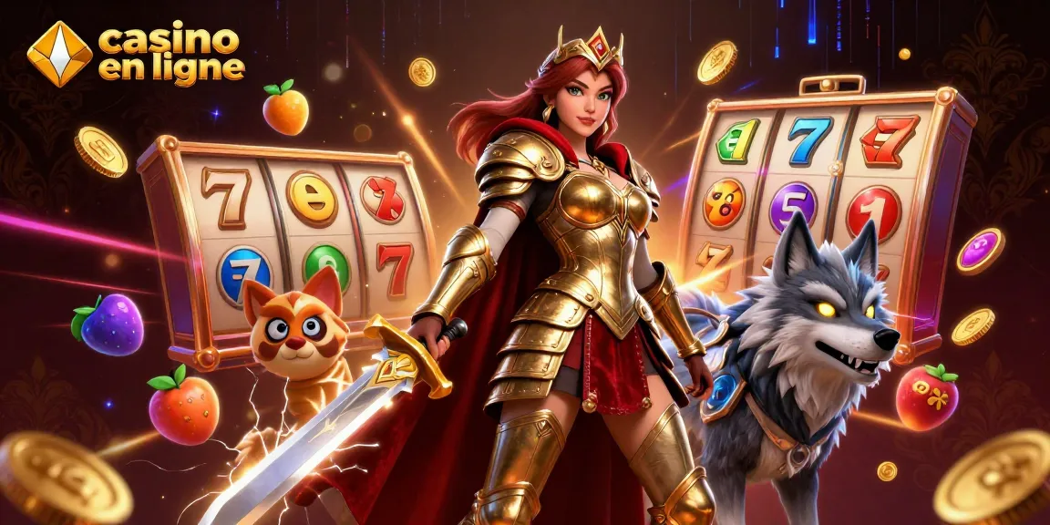 Vivez la montée d'adrénaline du casino en ligne avec une reine guerrière et un loup mystique dans une scène de machine à sous énergique.