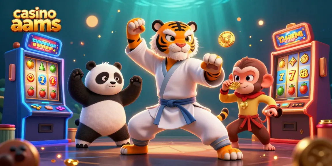 Immergiti nel brivido dei casinò non AAMS illustrato da un maestro di kung fu tigre tra slot machine vibranti.