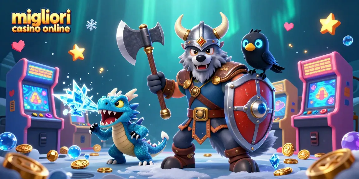 Scene dei migliori casino online con un guerriero vichingo, un drago e un corvo in un ambiente di gioco vibrante e dinamico.