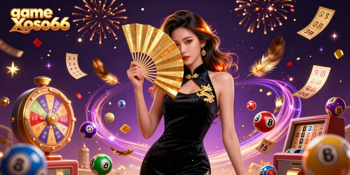 Experience the excitement of game Xoso66 with vibrant lottery balls and celebratory elements.