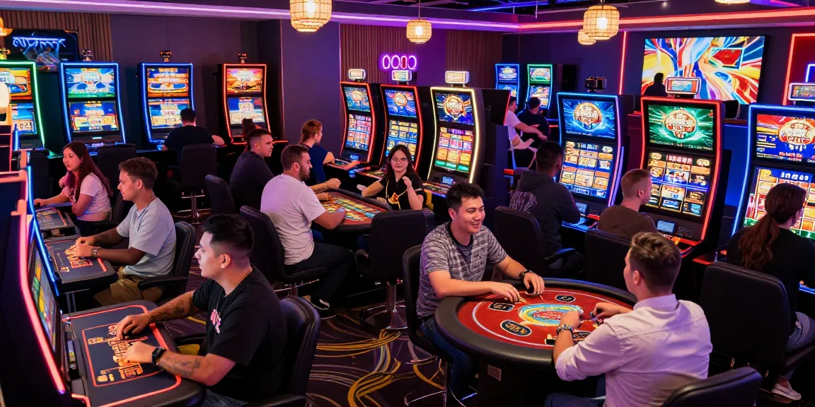 Ambiance de jeu passionnante dans un casino en ligne avec des joueurs divers appréciant les machines à sous et les jeux de cartes dans un environnement numérique animé.