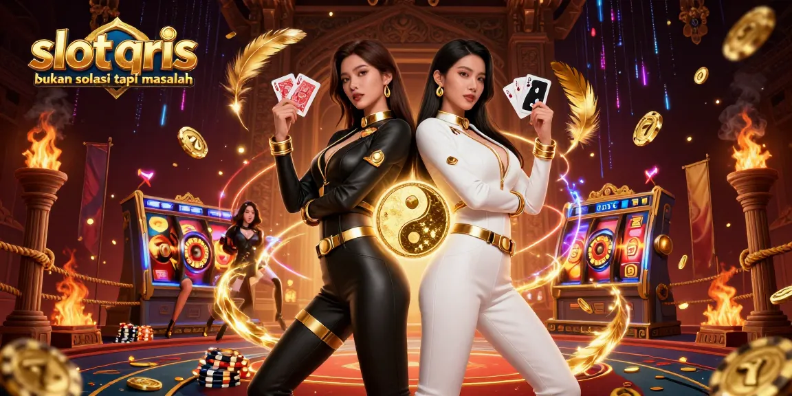 Engage in slot qris bukan solusi tapi masalah with dynamic visuals featuring twin Asian women and slot elements.