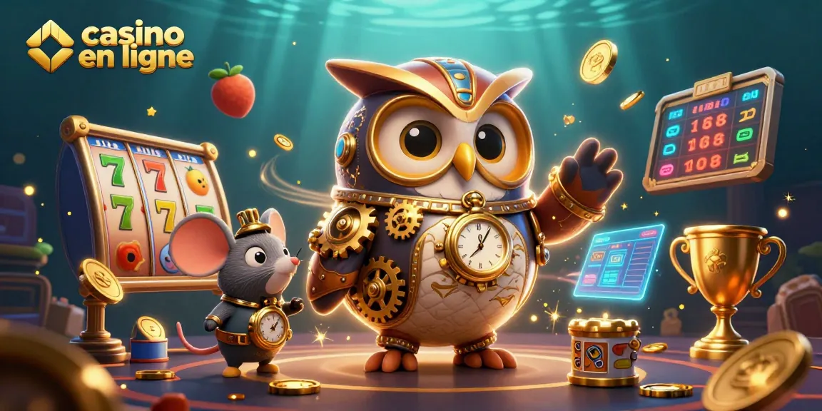 Découvrez l'excitation des actions de casino en ligne avec une chouette illustrée et des symboles de jackpot