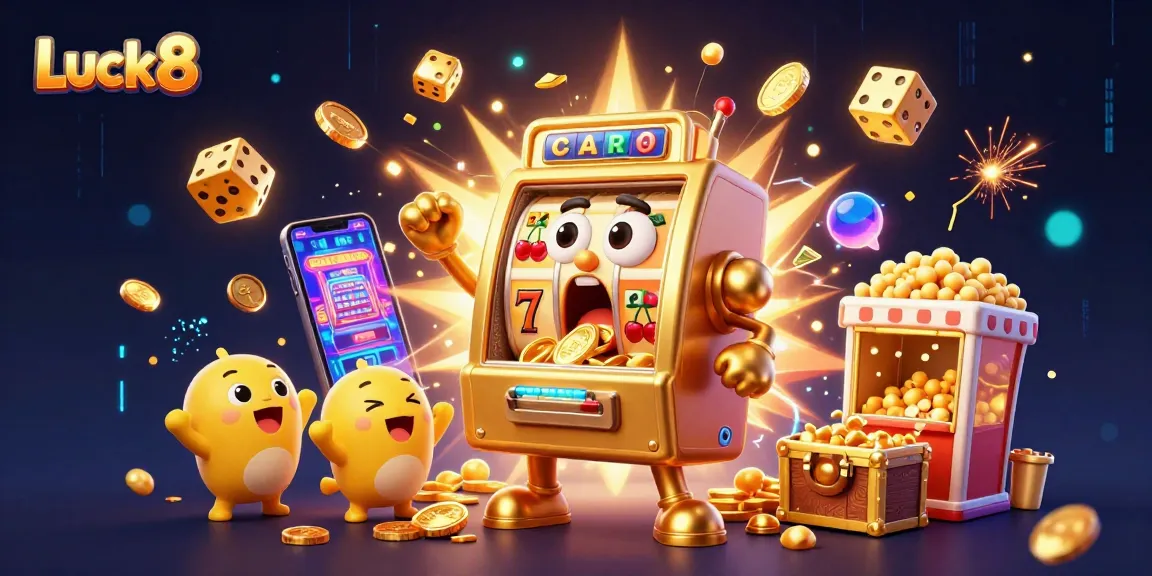 Luck8 slot machine hits jackpot, surrounded by cheering baby slots and golden coins.