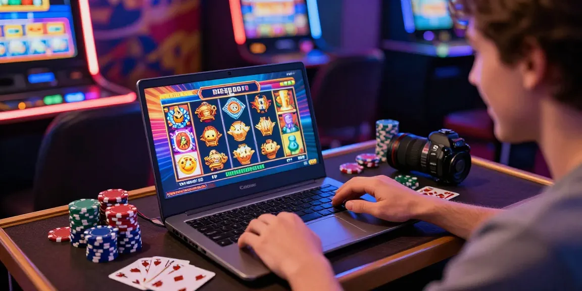 Exciting moment of online slot gaming with colorful games, laptop, and casino elements.