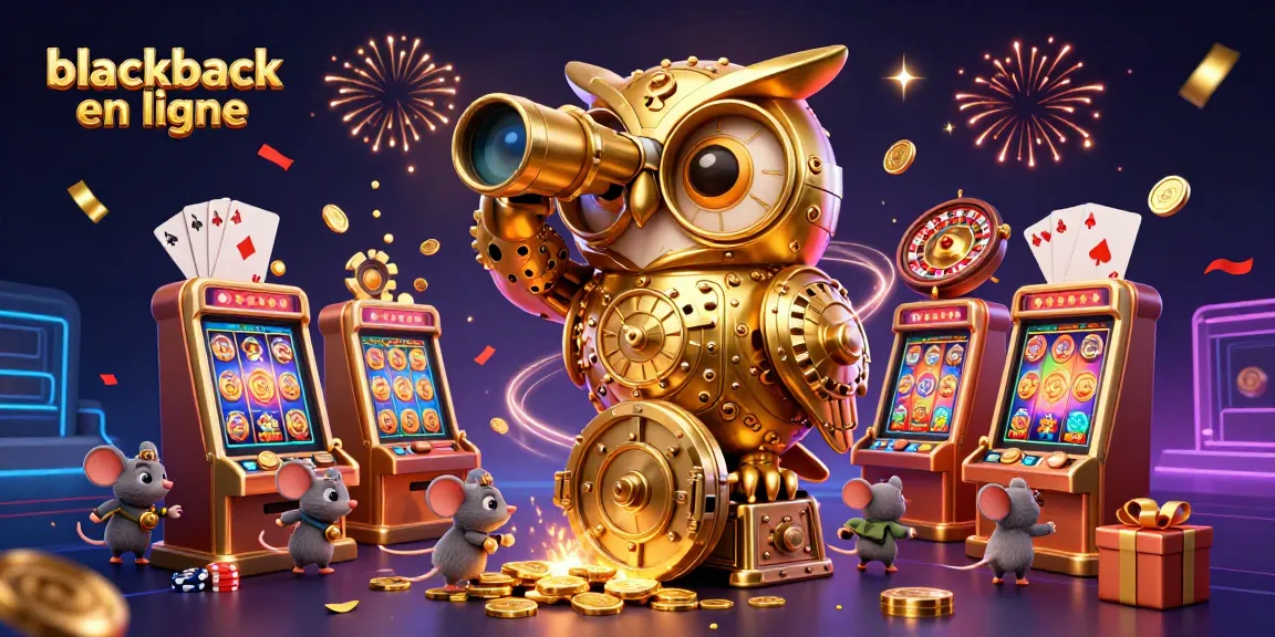 Jouez au blackjack en ligne avec notre illustration d'un hibou doré et des souris dans un casino animé.