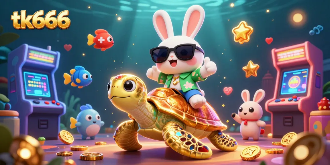 tk666 vibrant scene showcases an adorable rabbit and turtle amidst exciting gaming elements and underwater charm.